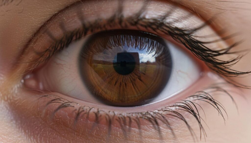 Крупный план человеческого глаза с детальным отражением в зрачке и выраженной текстурой радужки