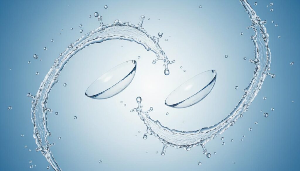 Две прозрачные контактные линзы в динамичных брызгах чистой воды на голубом фоне