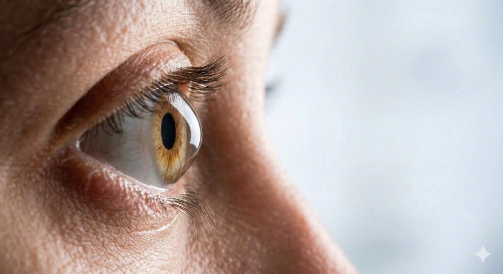 Крупный план глаза пациента, смотрящего вверх, с выраженным конусовидным выпячиванием роговицы