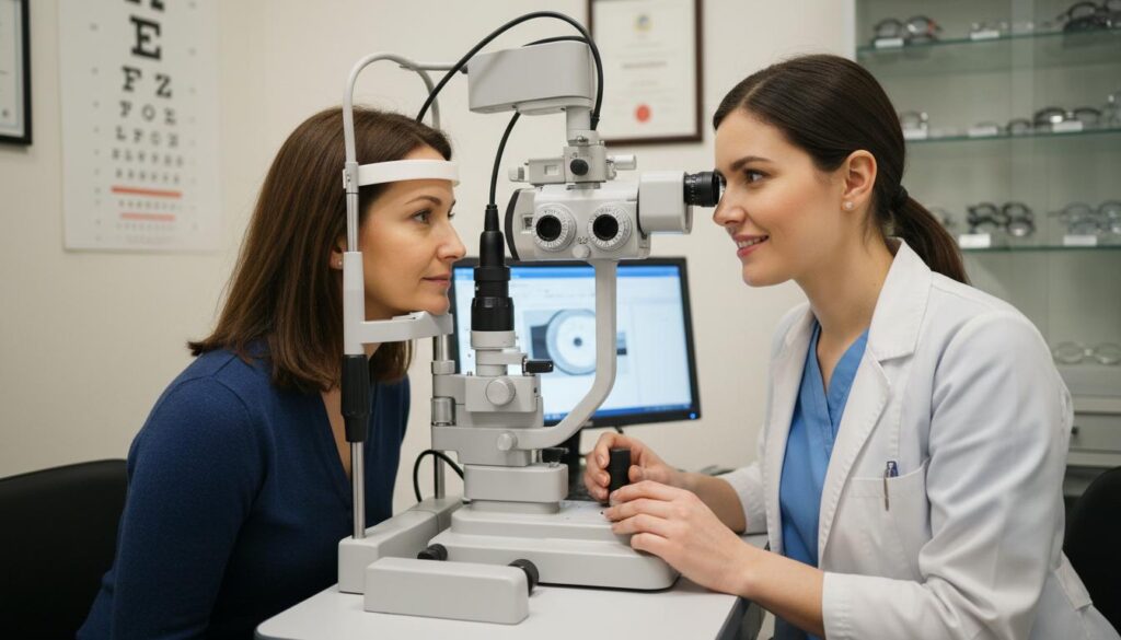 Офтальмолог проводит осмотр пациента на щелевой лампе в клинике