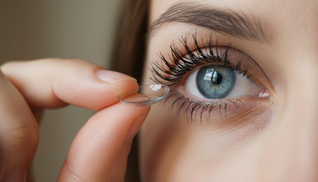 Девушка держит на пальце прозрачную контактную линзу перед глазом