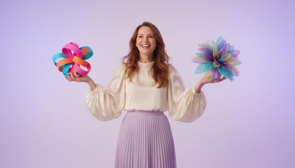 Улыбающаяся женщина держит на ладонях яркие декоративные абстрактные фигуры