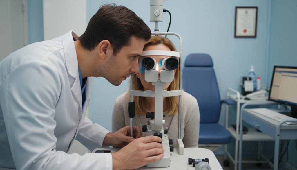 Офтальмолог проводит осмотр пациентки на щелевой лампе в клинике