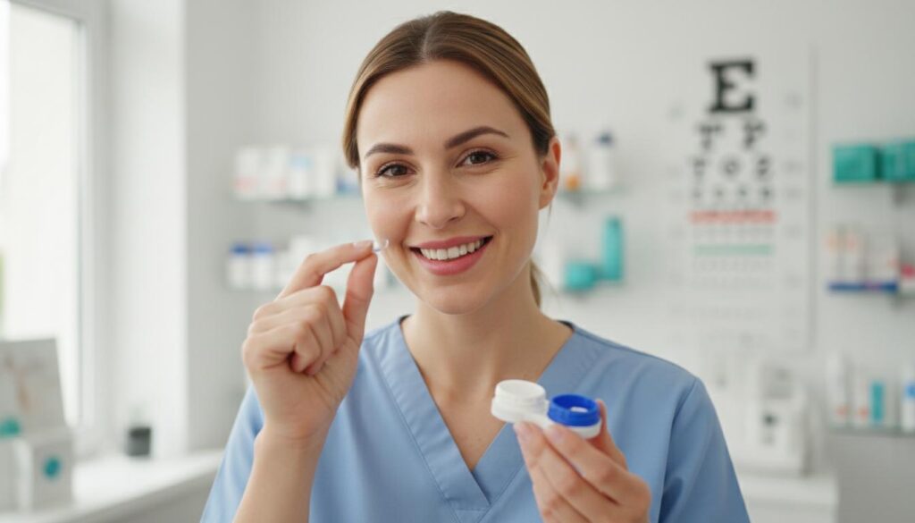 Улыбающаяся женщина в медицинской форме держит контактную линзу и открытый контейнер на фоне офтальмологического кабинета