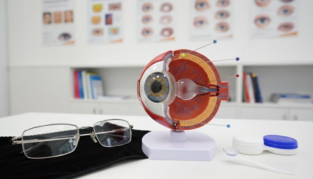 Анатомическая модель человеческого глаза в разрезе, очки и контейнер для линз на столе в кабинете врача