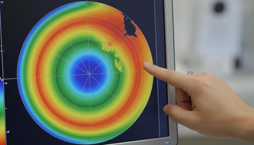 Палец указывает на цветную топографическую карту роговицы на мониторе