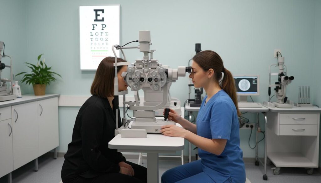 Офтальмолог проводит обследование зрения пациента с помощью современного диагностического оборудования в клинике