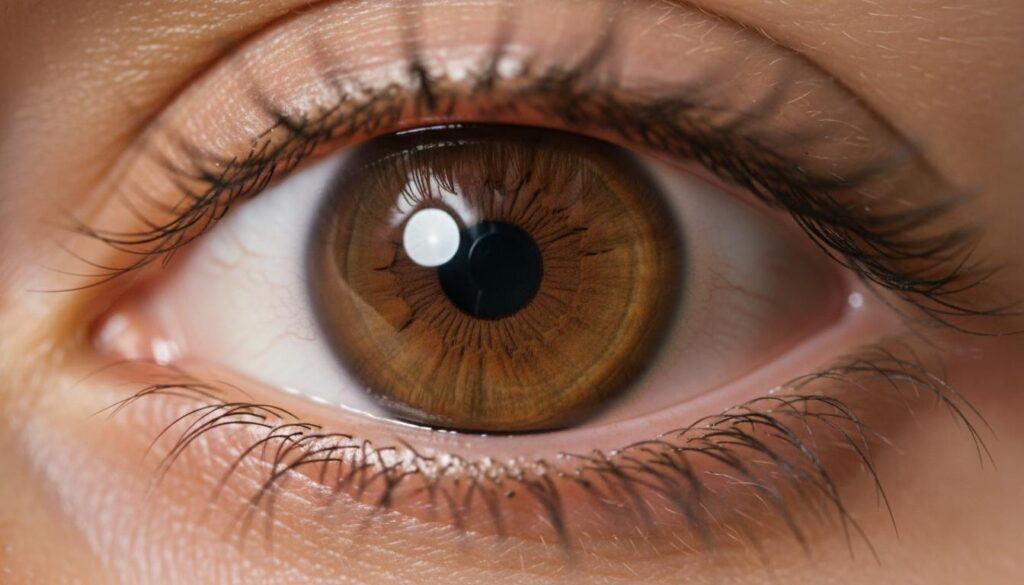 Крупный план человеческого глаза с прозрачной роговицей и детальной радужкой карего цвета