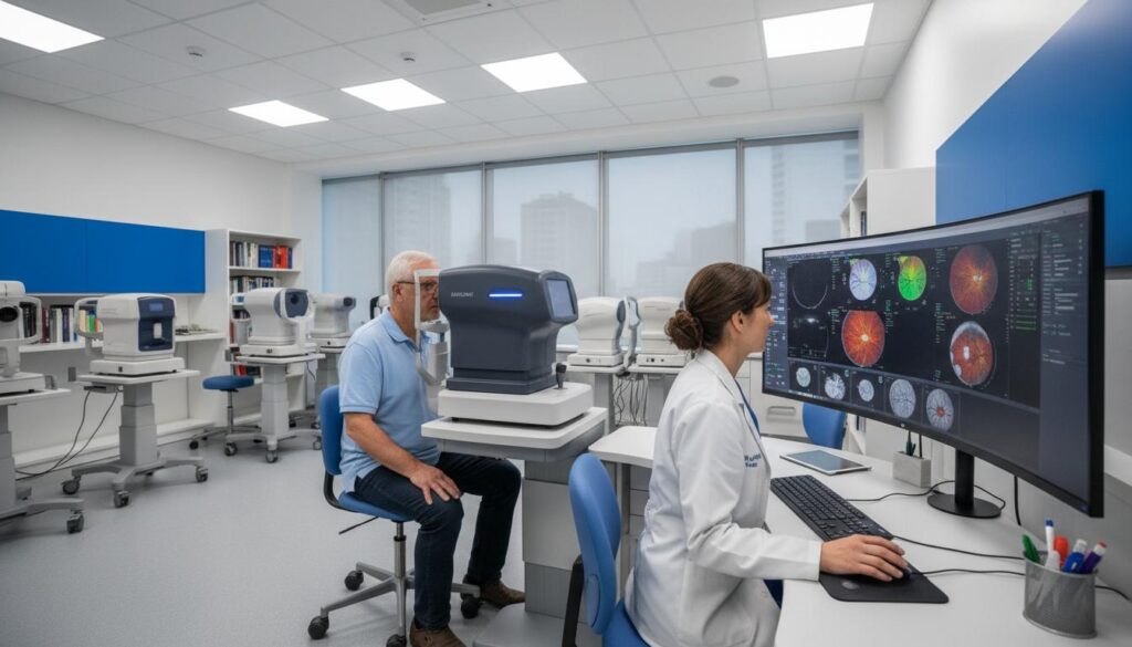 Пациент проходит процедуру ОКТ-диагностики, врач анализирует снимки сетчатки на широком мониторе