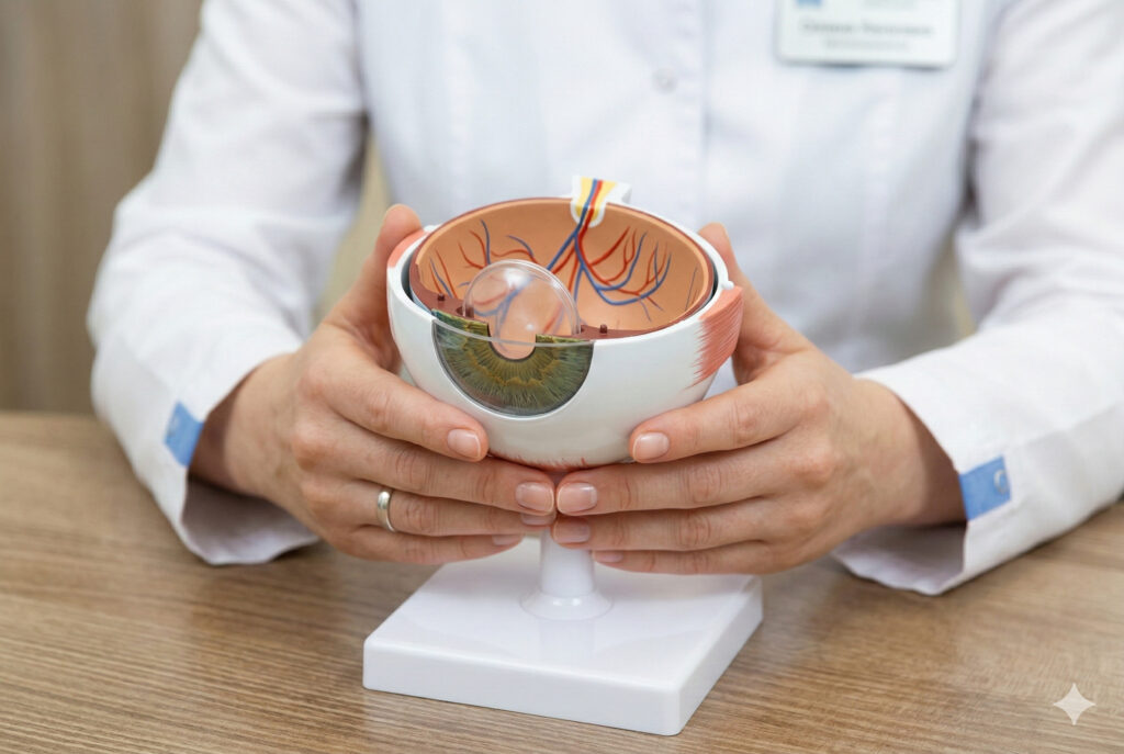Врач держит анатомическую модель глаза с установленной факичной линзой