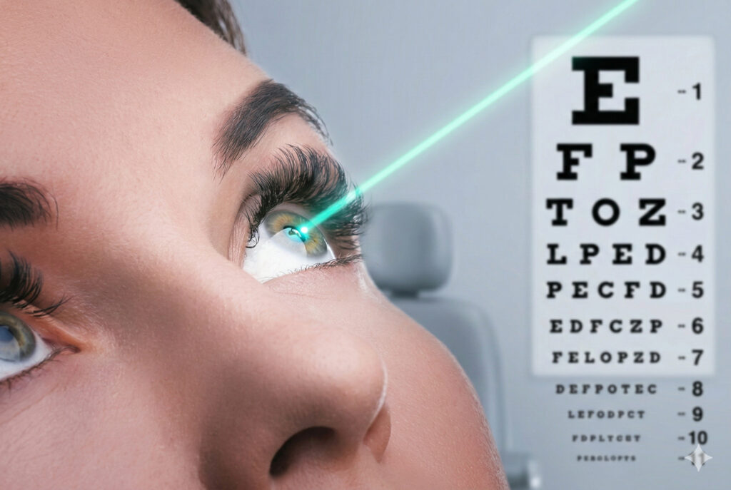 Лазерный луч направлен на роговицу глаза на фоне таблицы для проверки зрения
