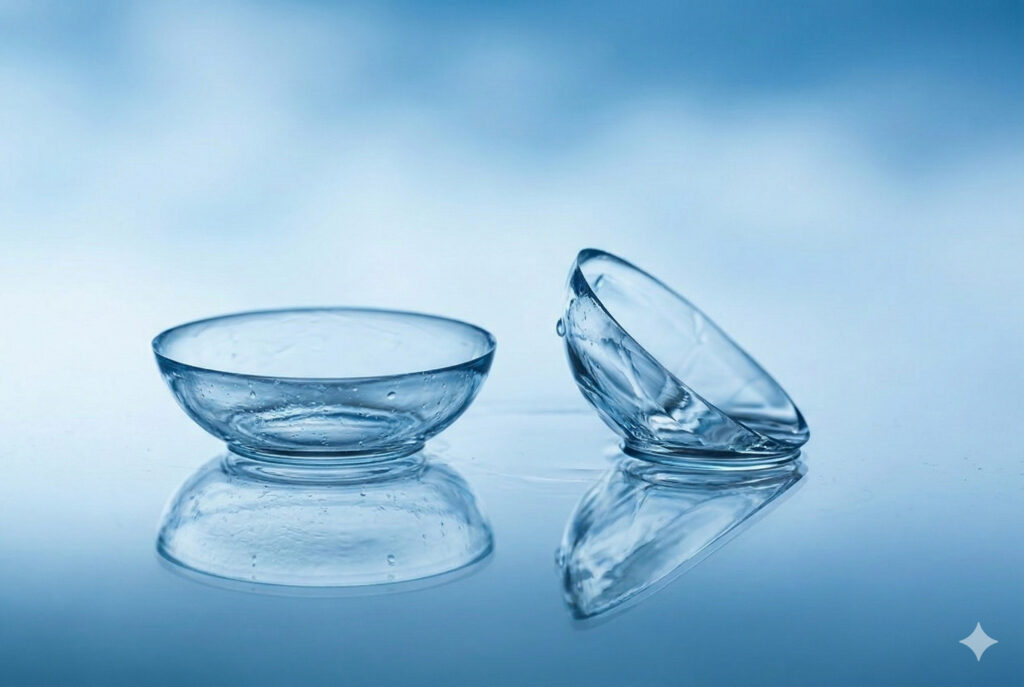 Две мягкие контактные линзы на зеркальной голубой поверхности с каплями воды