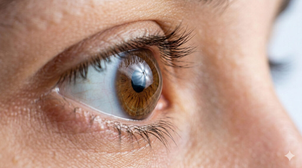 Крупный план глаза пациента сбоку, демонстрирующий характерную конусовидную форму роговицы при выраженном кератоконусе