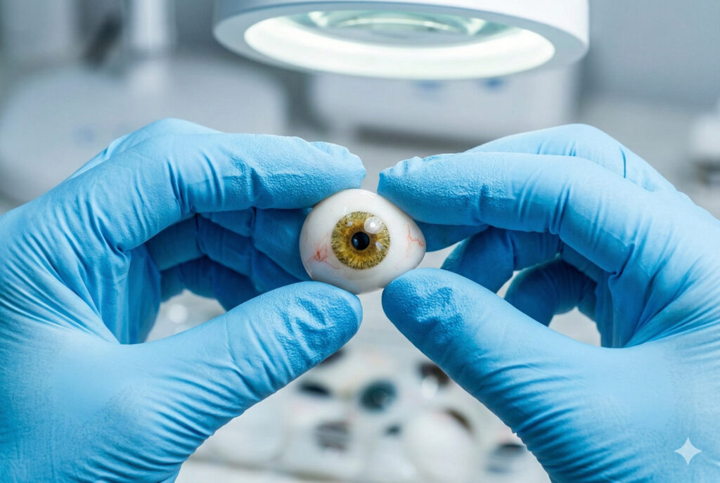 Хирург в голубых перчатках держит модель человеческого глаза для демонстрации роговицы и радужки