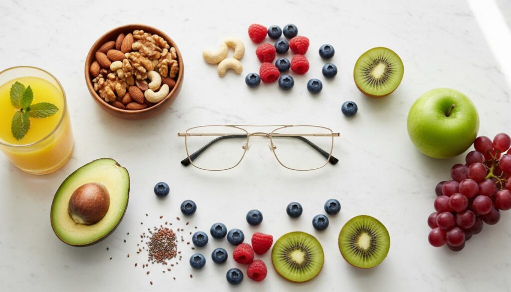 Очки в тонкой золотистой оправе в окружении авокадо, киви, ягод и орехов для здоровья глаз.