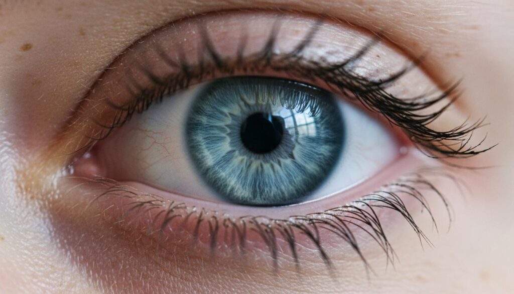 Крупный план здорового человеческого глаза с прозрачной голубой радужкой и четкой структурой роговицы.