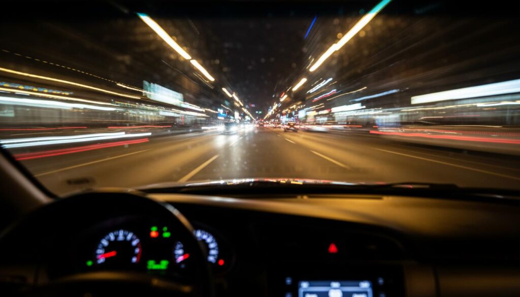 Вид на ночную трассу из салона автомобиля с размытыми огнями и световыми полосами