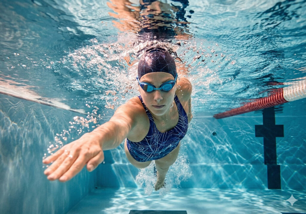 Девушка в плавательных очках и шапочке плывет в бассейне под водой