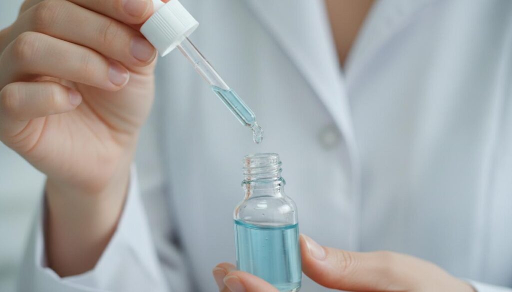 Рука в белом халате удерживает стеклянную пипетку, из которой в прозрачный флакон капает лечебный раствор голубого цвета.