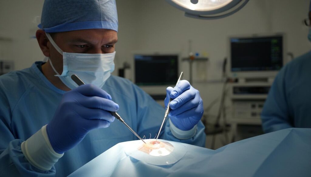 Хирург в синих стерильных перчатках и маске выполняет микрохирургические манипуляции на глазу пациента во время операции ЭЛСК.