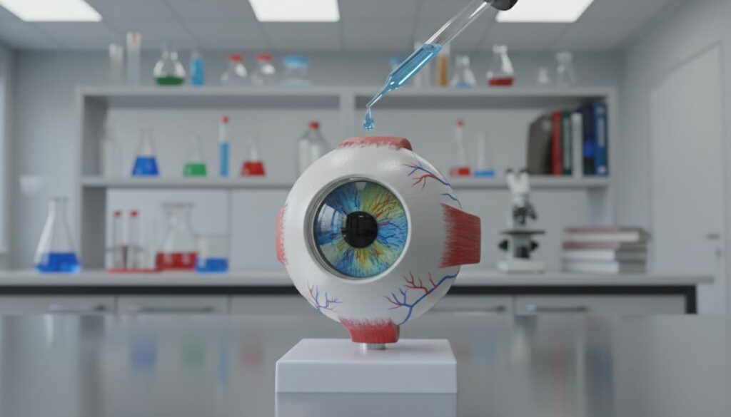 Стеклянная пипетка капает прозрачную лечебную жидкость на реалистичную анатомическую модель человеческого глаза в условиях лаборатории.