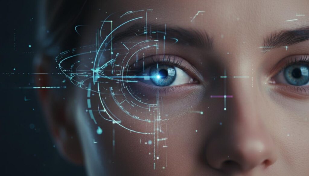 Глаза крупным планом с наложенным цифровым интерфейсом сканирования роговицы