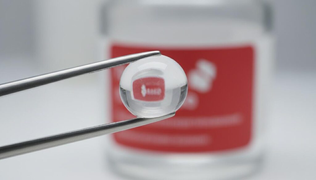 Пинцет удерживает прозрачную интраокулярную линзу на фоне флакона с медицинским препаратом.