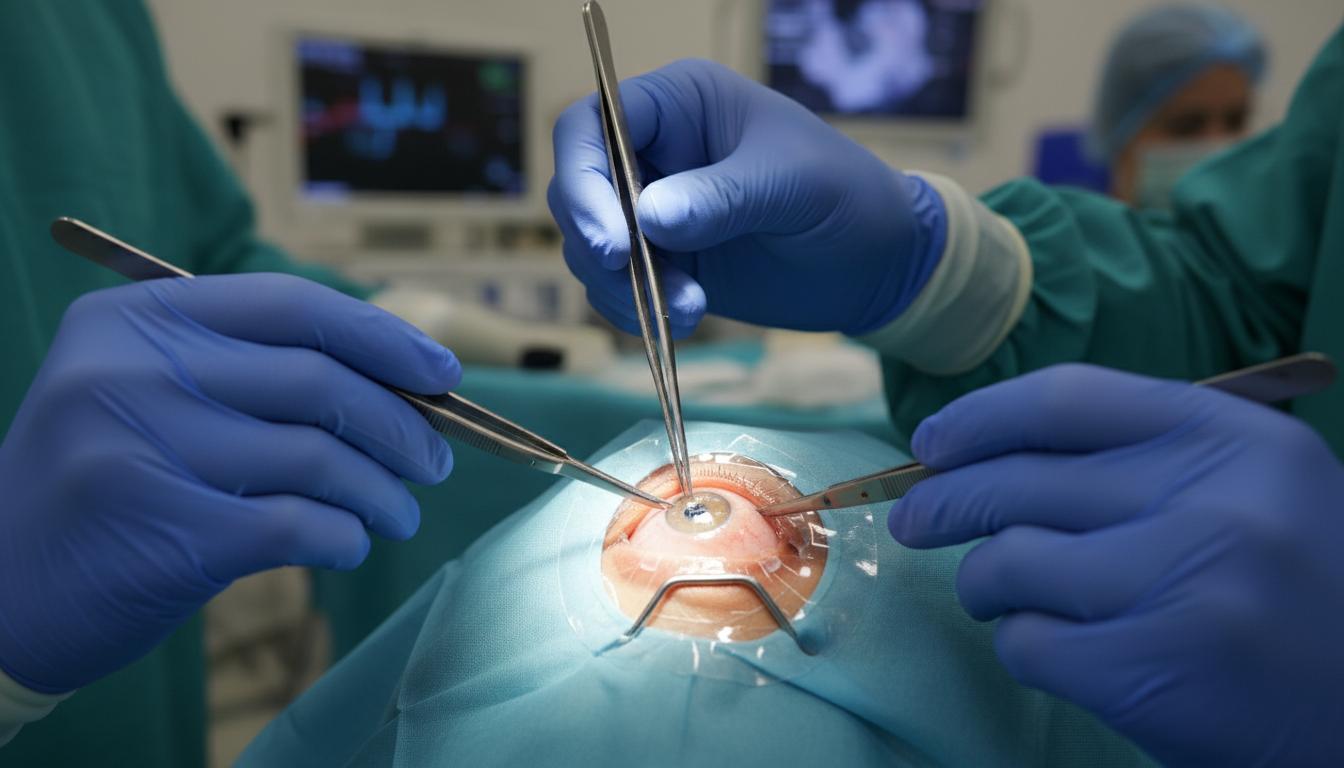 Хирургические манипуляции пинцетом на открытом глазу пациента во время интраламеллярной кератопластики.