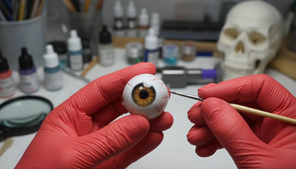 Мастер в красных перчатках с помощью тонкой кисти детально прорисовывает сосуды на реалистичном протезе глазного яблока.