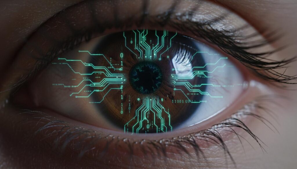 Человеческий глаз с наложенной цифровой графикой в виде микросхемы, символизирующей высокотехнологичные методы коррекции зрения.