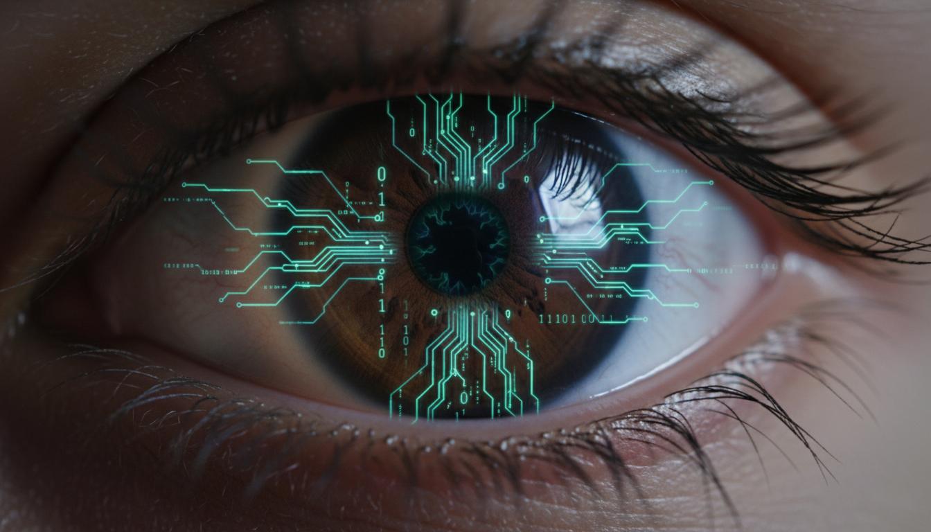 Человеческий глаз с наложенной цифровой графикой в виде микросхемы, символизирующей высокотехнологичные методы коррекции зрения.