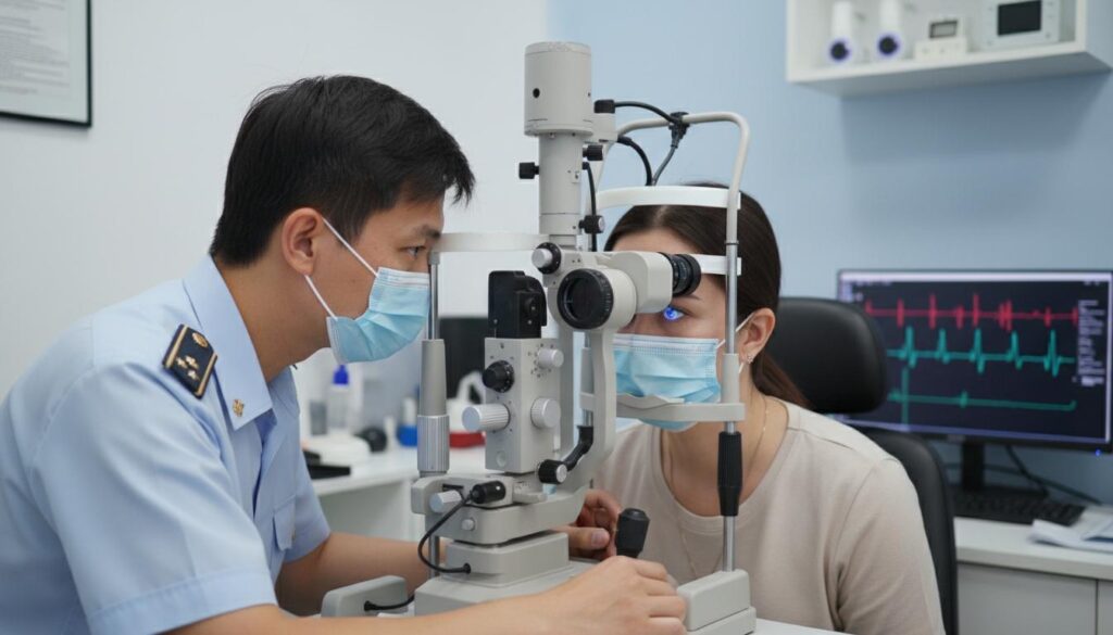 Крупный план глаза человека через линзу диагностического оборудования во время офтальмологического обследования.