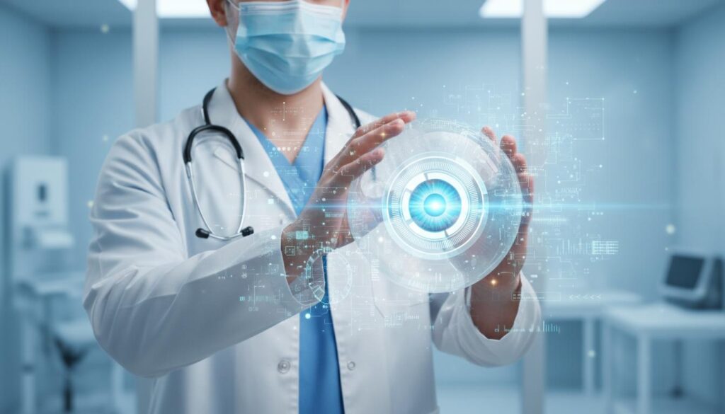 Врач в медицинской маске и халате со стетоскопом удерживает перед собой светящуюся цифровую голограмму человеческого глаза в футуристическом стиле.