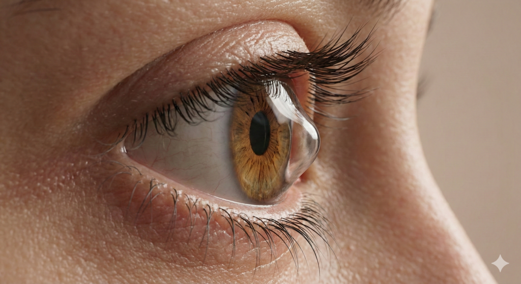 Крупный план глаза с конусовидной деформацией роговицы при запущенной стадии кератоконуса