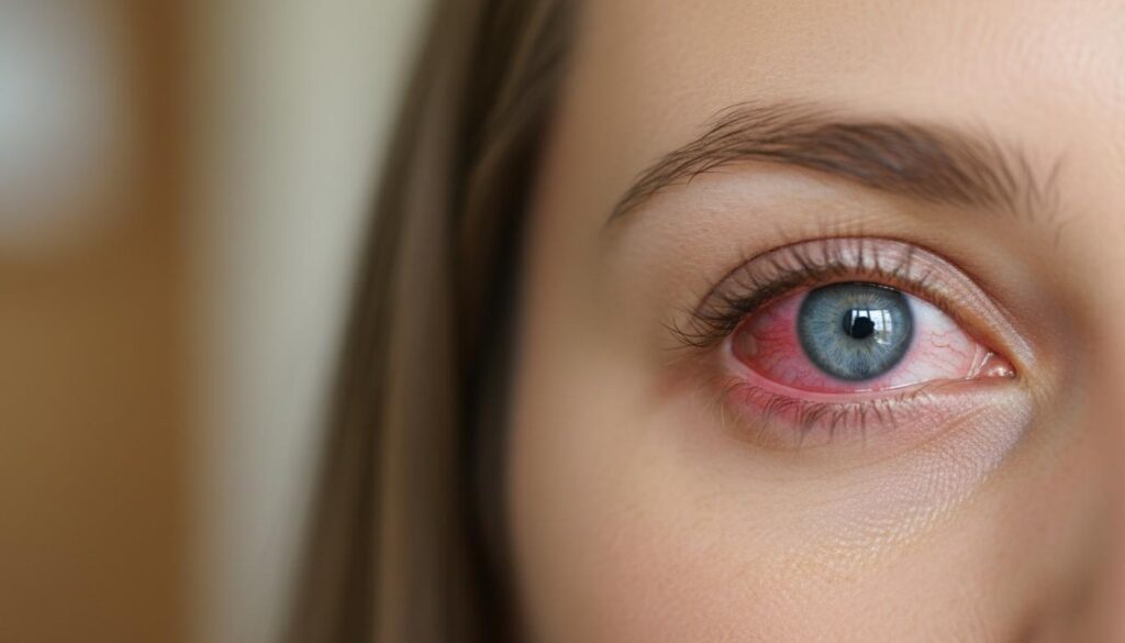 Покраснение глаза крупным планом — раздражение или воспаление склеры