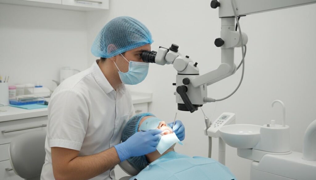 Хирург-офтальмолог в стерильной маске и халате проводит операцию на глазу пациента с использованием операционного микроскопа в современной клинике.