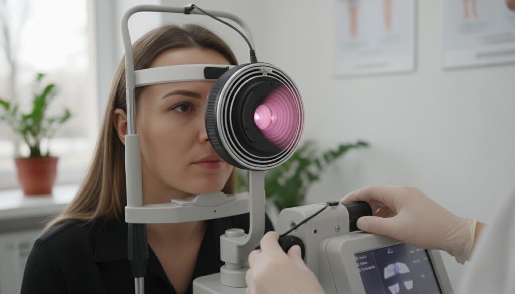 Пациентка проходит обследование на компьютерном топографе роговицы с использованием колец Плачидо для построения трехмерной карты поверхности глаза.