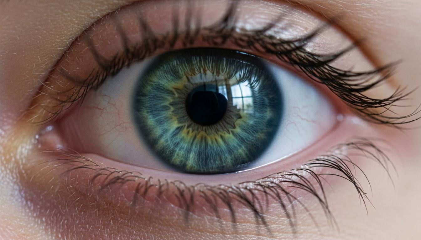 Крупный план здорового человеческого глаза с выразительной зелено-голубой радужкой и длинными ресницами.