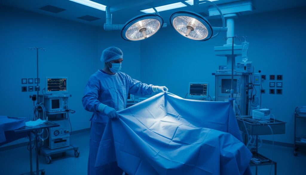 Хирург-офтальмолог в стерильном синем халате накрывает операционный стол простыней в современной операционной под бестеневыми лампами.