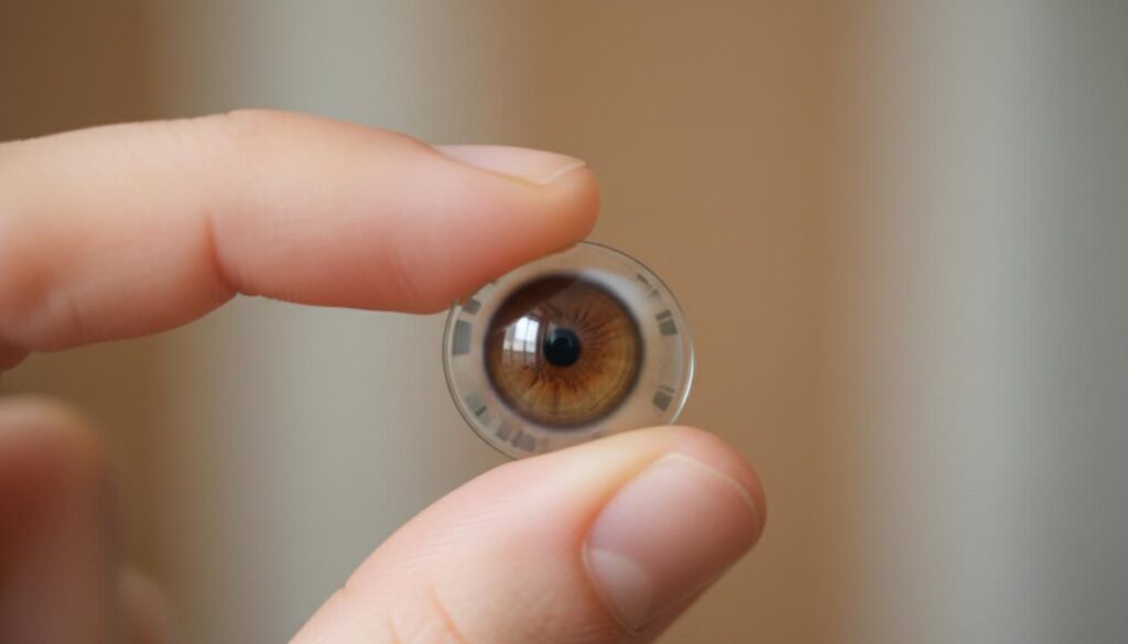 Пальцы удерживают специальную жесткую склеральную линзу, на которой виден рисунок радужки глаза, перед процедурой снятия.