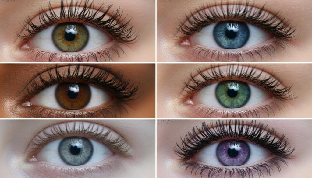 Коллаж из шести макрофотографий человеческих глаз разных цветов: карего, голубого, зеленого, серого и фиолетового с густыми ресницами.