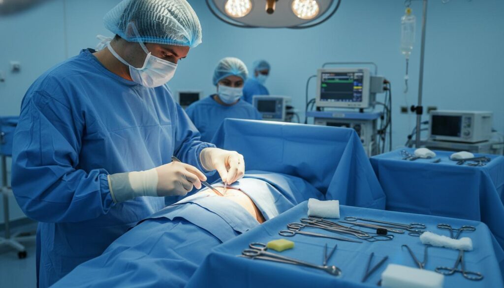 Атрибут alt: Руки хирурга в микрохирургических перчатках накладывают тончайшие швы на ткани роговицы под микроскопом.