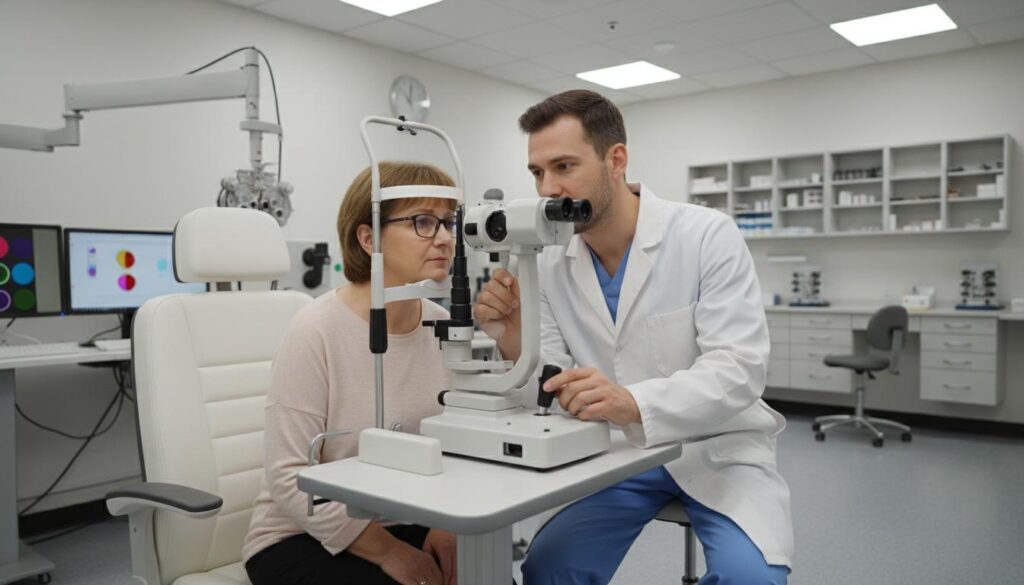 Офтальмолог проводит обследование пациента на щелевой лампе в современном кабинете