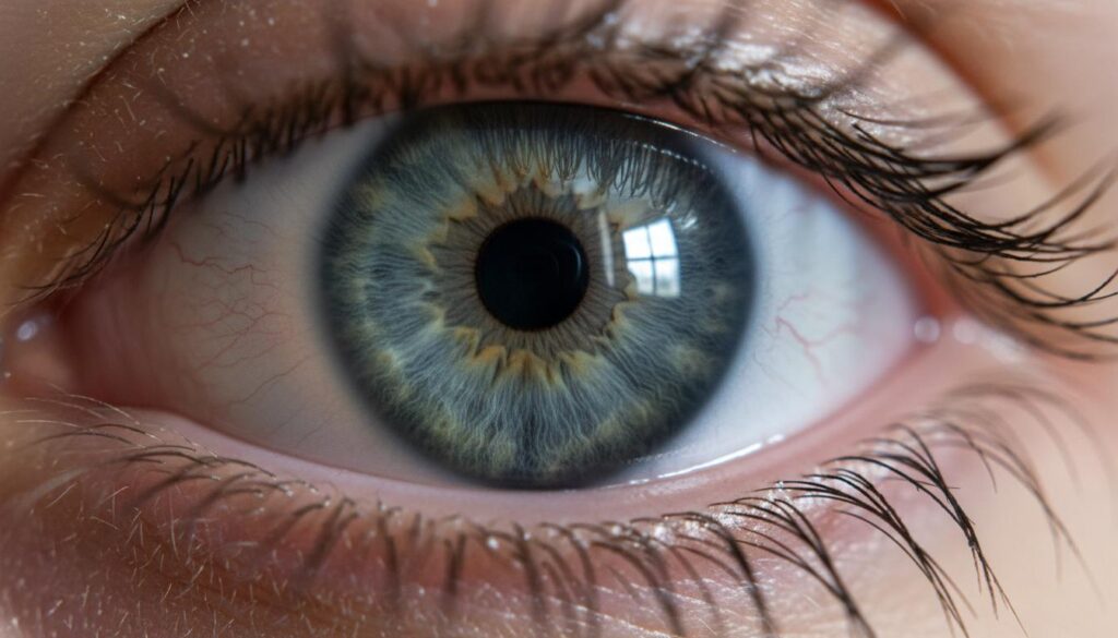 Глаз человека крупным планом с ярко выраженной радужной оболочкой и сосудами