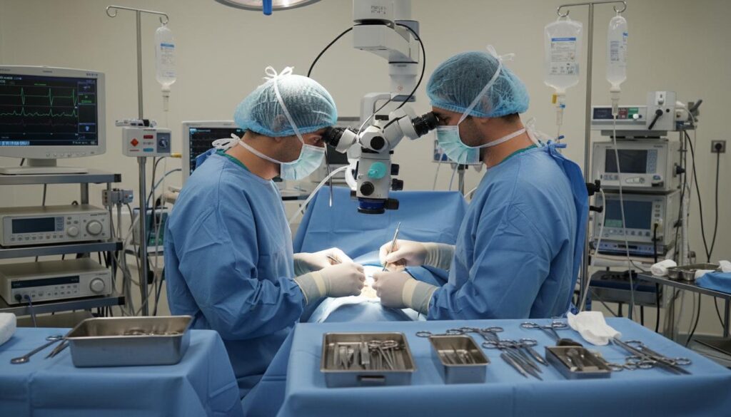Бригада хирургов-офтальмологов проводит операцию кросслинкинга роговицы под микроскопом в операционной.