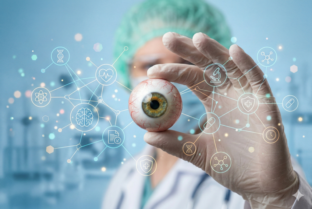 Цифровая 3D-модель человеческого глаза, удерживаемая рукой хирурга, на фоне футуристического медицинского интерфейса