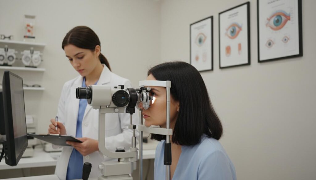 Врач-офтальмолог проводит обследование пациента на современном томографе для получения снимков сетчатки и роговицы.