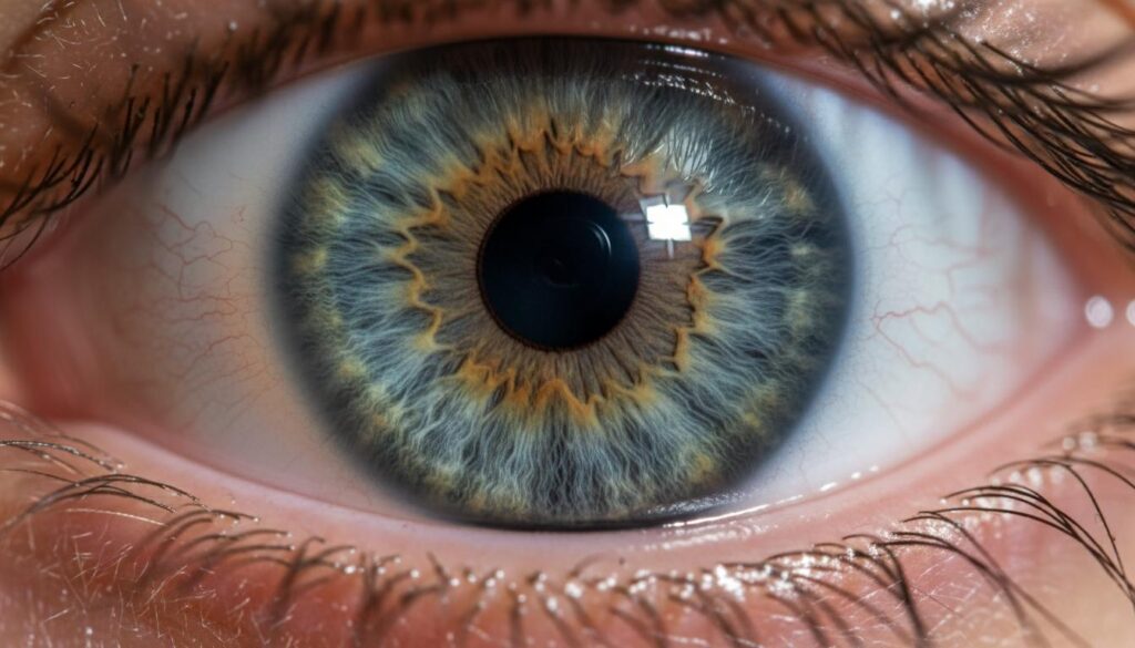 Крупный план человеческого глаза с детально видимой радужной оболочкой серо-голубого цвета и зрачком.