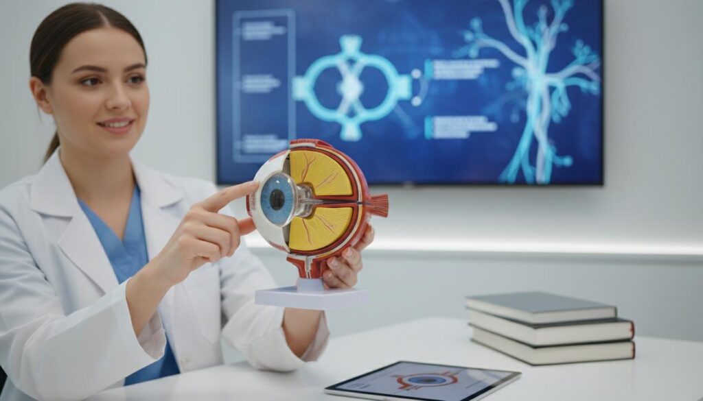 Врач-офтальмолог показывает анатомическую модель глаза на приёме