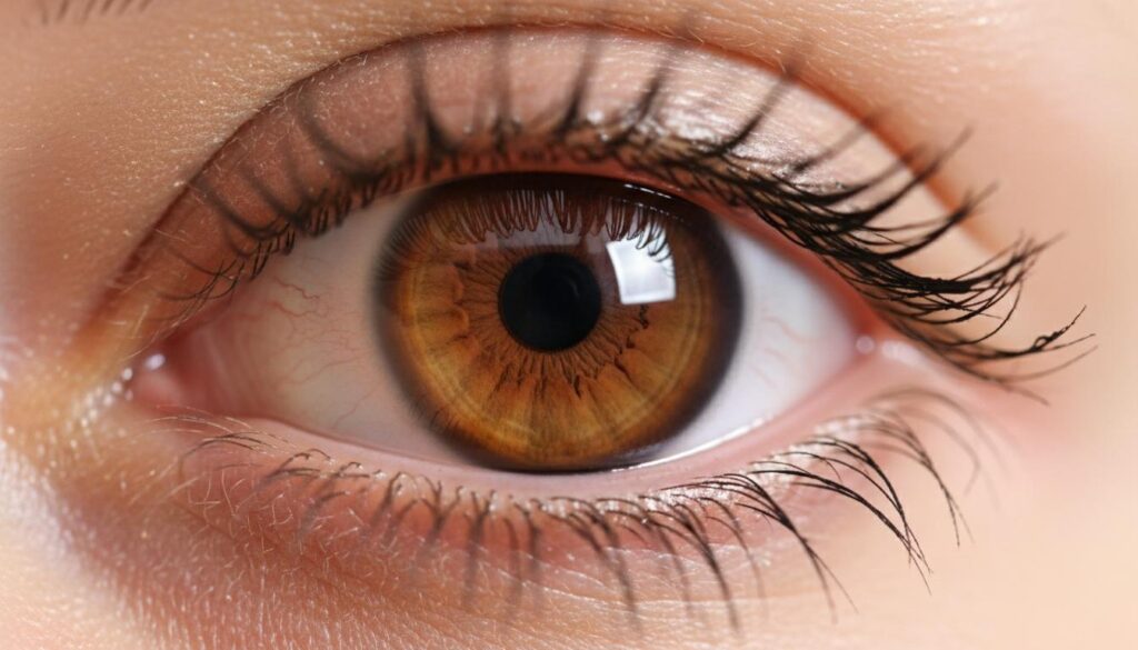 Макросъемка здорового человеческого глаза с карей радужкой и идеально прозрачной роговицей без признаков помутнения.